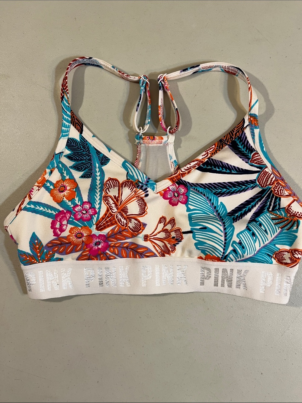 PINK Victoria's Secret White Floral Racerback Bralette with Teal & Coral